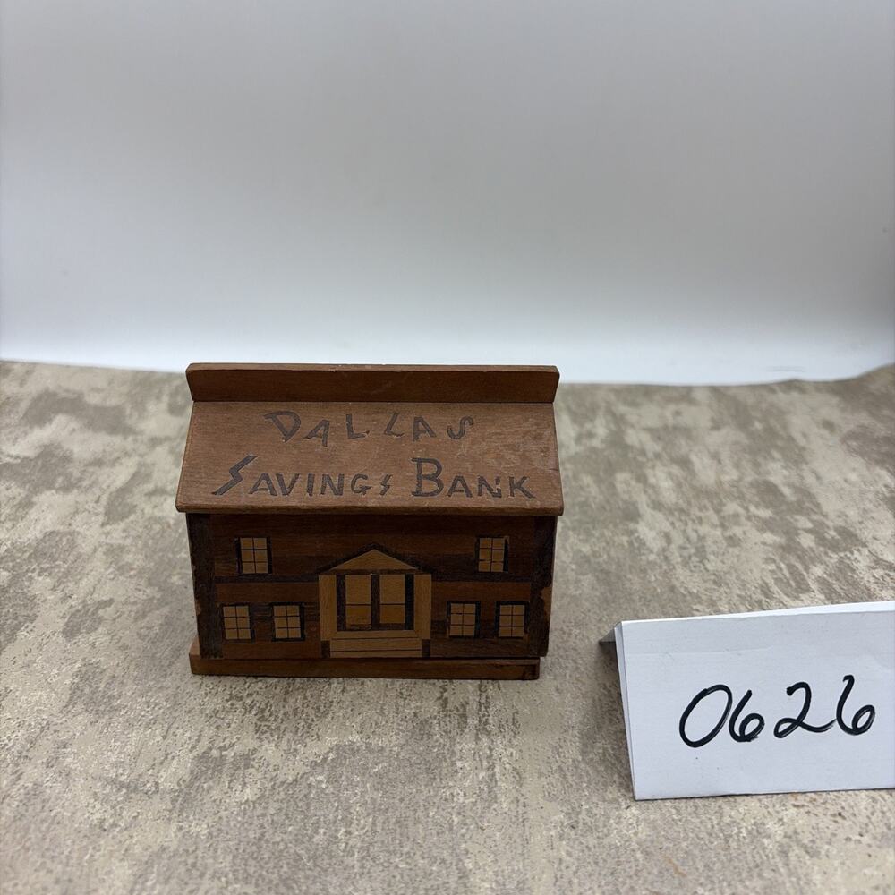 Vintage Wooden Dallas Savings & Bank Coin Bank